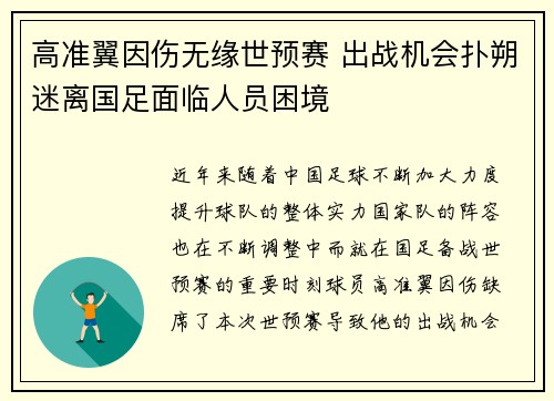 高准翼因伤无缘世预赛 出战机会扑朔迷离国足面临人员困境